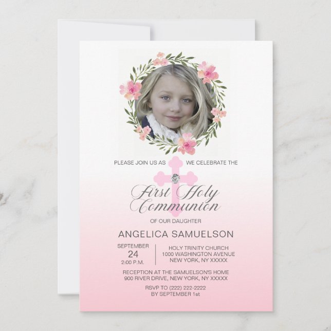 Invitation FILLE de la Première Communion Rose de la couronne (Devant)