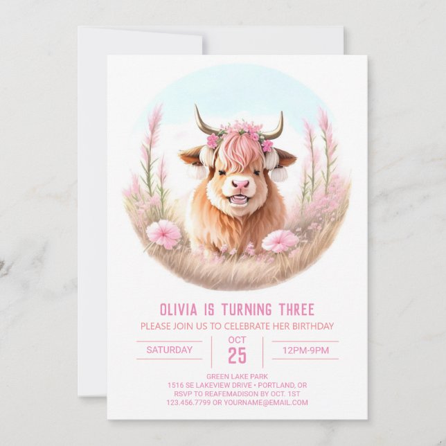 Invitation Fille de la vache Highland Blissful Anniversaire (Devant)