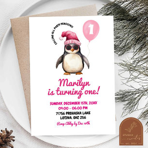 Invitation Fille de premier anniversaire de pingouin rose hiv