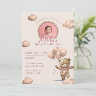 Invitation Fille de premier anniversaire marron Beary Photo
