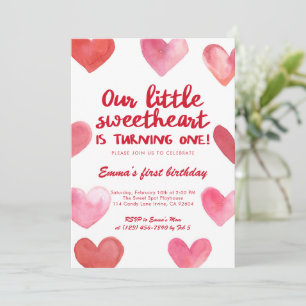 Invitation Fille de premier anniversaire Saint-Valentin rose 