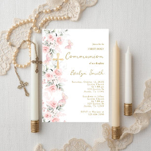 Invitation Fille de première communion papillon rose fardée