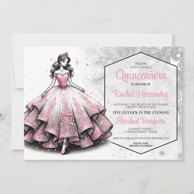 Invitation Fille de Quinceañera rose et argent (Devant)