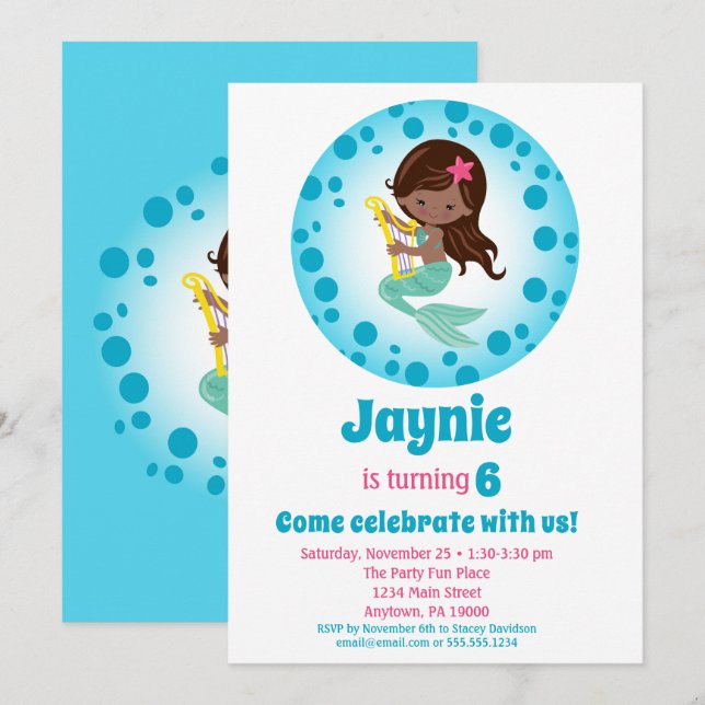 Invitation Fille de sirène - Fête d'anniversaire afro-américa (Devant / Derrière)