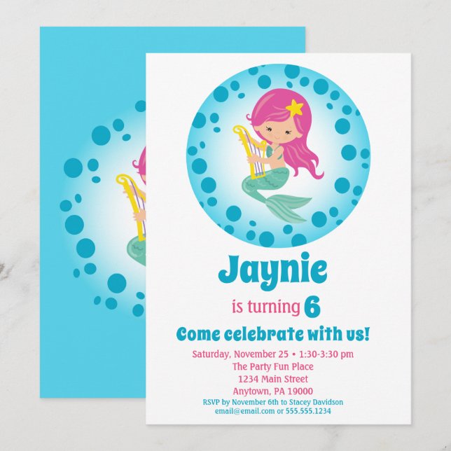 Invitation Fille de sirène - Fête d'anniversaire des cheveux  (Devant / Derrière)