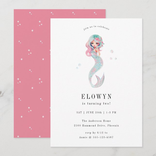 Invitation Fille de sirène rose florale fête d'anniversaire (Devant / Derrière)