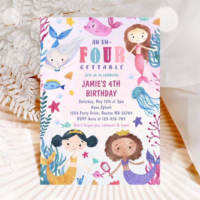 Invitation Fille de sirène sous la mer 4e fête d'anniversaire (Créateur téléchargé)
