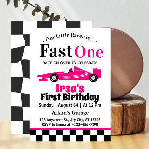 Invitation Fille de voiture de course rose Fast One Fête d'an