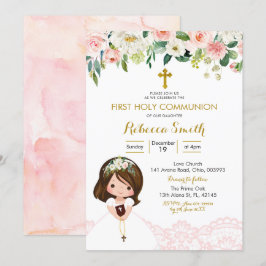 Invitation Fille dentelle florale rose première communion Inv