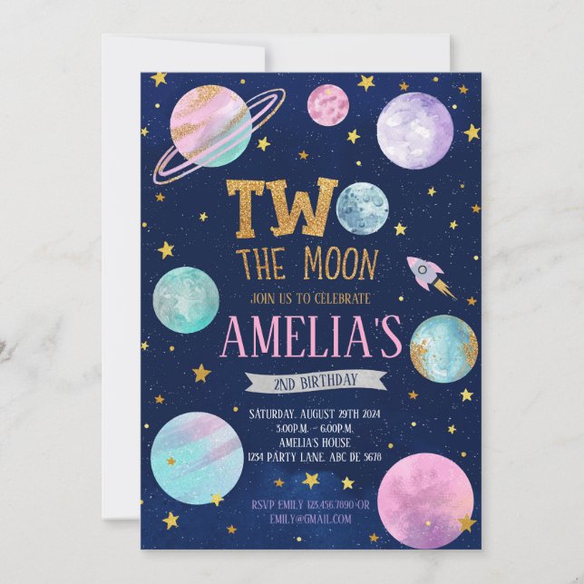 Invitation Fille Deux La Lune Anniversaire (Devant)