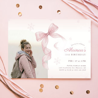Invitation Fille d'hiver Arc rose Rouge 15e Anniversaire Phot