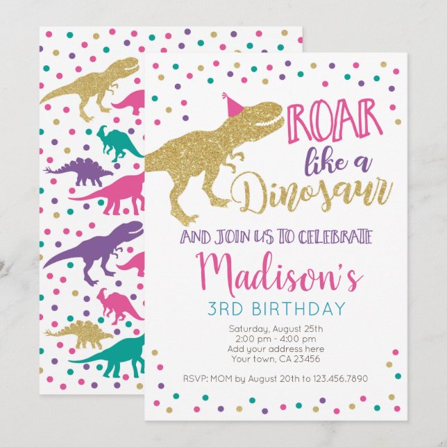 Invitation Fille Dinosaur Anniversaire (Devant / Derrière)