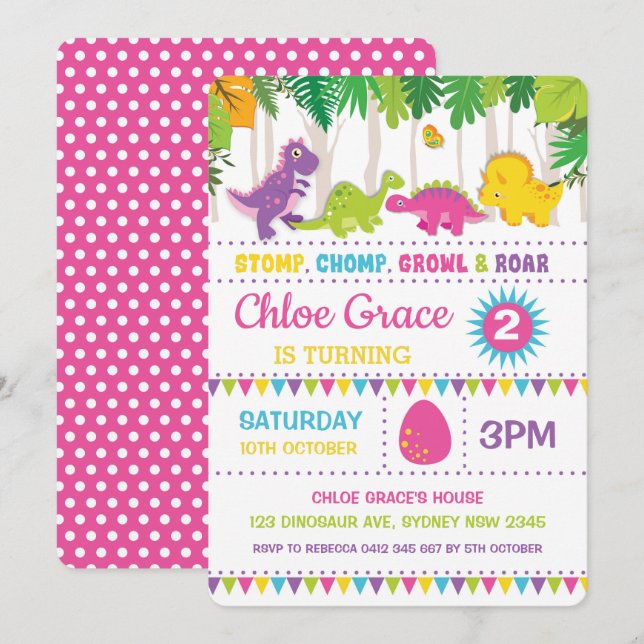 Invitation Fille Dinosaur Anniversaire Rose Roar Dino (Devant / Derrière)