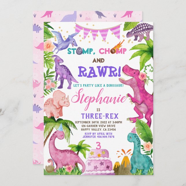 Invitation Fille Dinosaur Trois Rex 3e Anniversaire Fête Rose (Devant / Derrière)