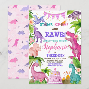 Invitation Fille Dinosaur Trois Rex 3e Anniversaire Fête Rose
