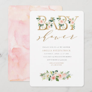 Invitation Fille d'invitation au Baby shower floral d'or
