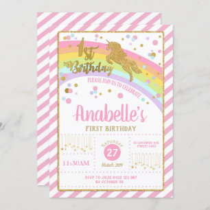 Invitation Fille d'invitation d'anniversaire de licorne d'or