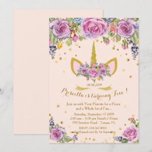 Invitation Fille d'invitation d'anniversaire, licorne,