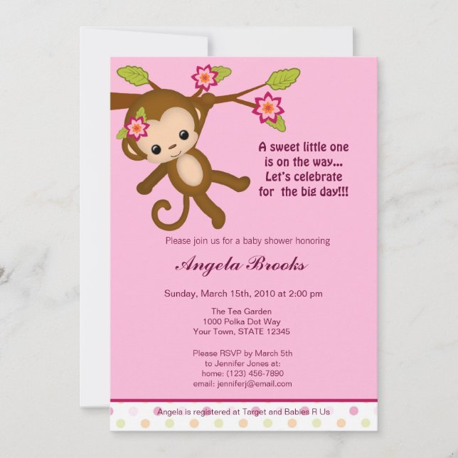 Invitation Fille d'invitations de baby shower de Mlle Monkey (Devant)