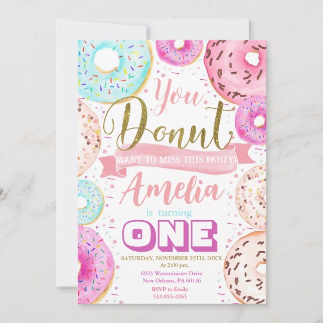 Invitation Fille Donut fête d'anniversaire (Devant)