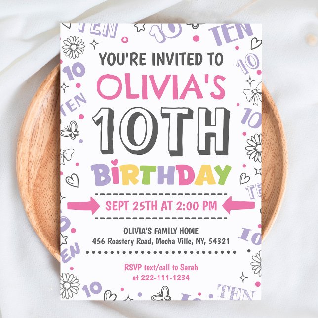 Invitation Fille Doodle 10e anniversaire (Créateur téléchargé)