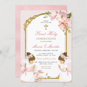 Invitation Fille DOUCE Priant Première Sainte Communion Rose 