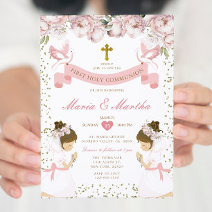 Invitation Fille DOUCE Priant Première Sainte Communion Rose 