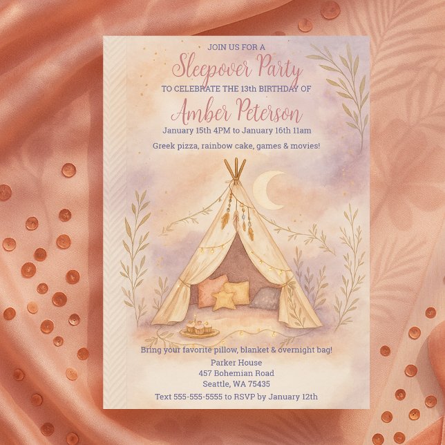 Invitation Fille douillette Tente Moon et Stars Boho fête d'a (Girly Cozy Tent Moon and Stars Boho Birthday Party Invitation)
