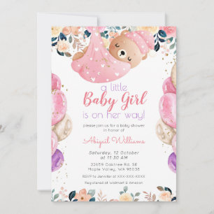 Invitation Fille d'ours rose sur son chemin, Baby shower flor