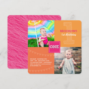Invitation Fille du Fun Modern Square ONE Photo 1er Anniversa