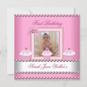 Invitation Fille du premier anniversaire Cupcakes roses Bébé 