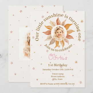 Invitation Fille du premier anniversaire photo Boho Soleil