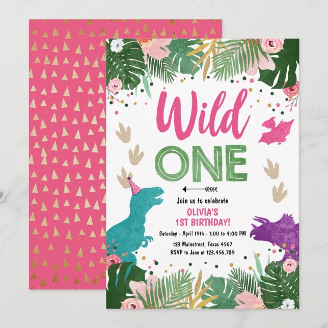 Invitation Fille d'une Dino sauvage Dinosaure rose Anniversai (Devant / Derrière)