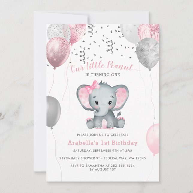 Invitation Fille Eléphant Aquarelle Ballons 1er anniversaire (Devant)