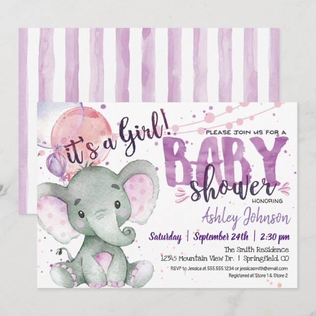 Invitation Fille Eléphant Baby shower pourpre, Lavande (Devant / Derrière)