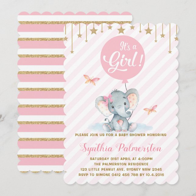 Invitation Fille Eléphant Baby shower rose Gold Star Invitati (Devant / Derrière)