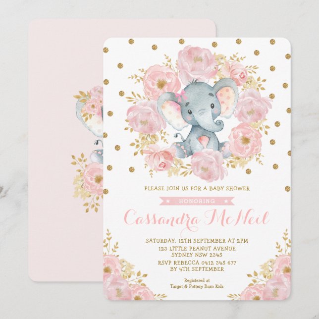 Invitation Fille Eléphant Blush rose Floral Baby Girl Douche (Devant / Derrière)