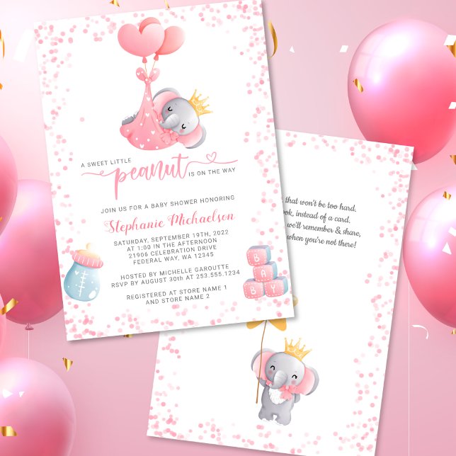 Invitation Fille Eléphant Douce Petit Baby shower d'arachide (Girl Elephant Sweet Little Peanut Baby Shower Invitation)