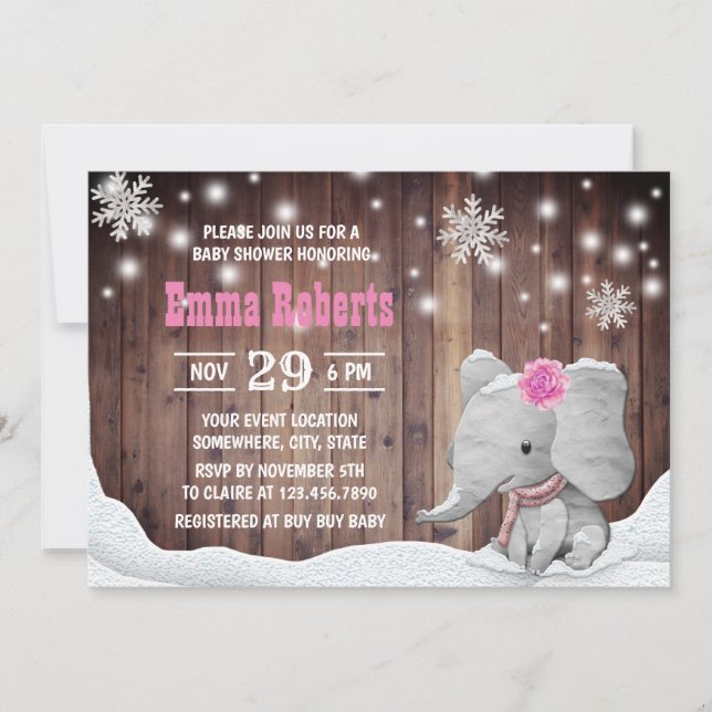 Invitation Fille Eléphant Flèches de neige Baby shower d'hive (Devant)