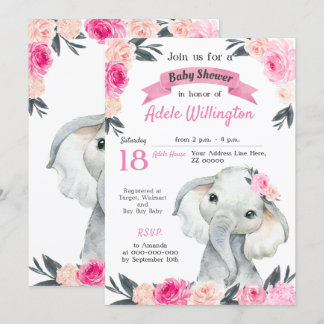 Invitation Fille Eléphant Floral Roses Rose Rustique Élégant