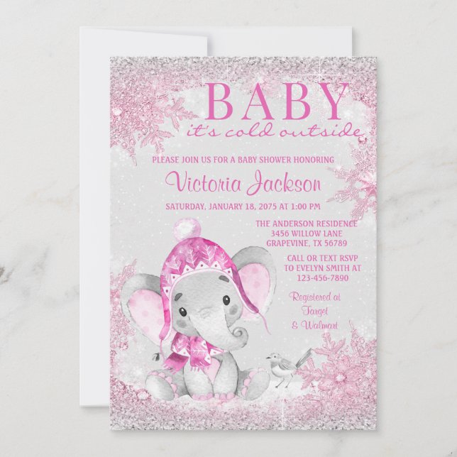 Invitation Fille Eléphant Hiver Baby shower Flocon de neige (Devant)