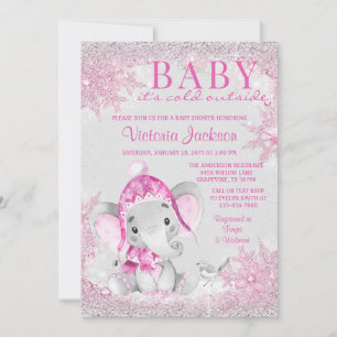 Invitation Fille Eléphant Hiver Baby shower Flocon de neige