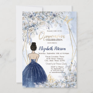 Invitation Fille en robe bleu marine, Quinceanera aux fleurs