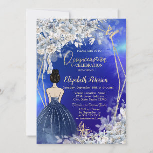 Invitation Fille en robe chic bleu marine, fleurs bleues Quin