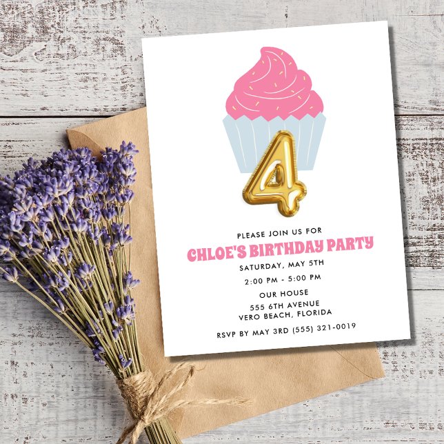 Invitation Fille enfant Cupcake 4e fête d'anniversaire (Girl Cupcake 4th Birthday Party Invitation)