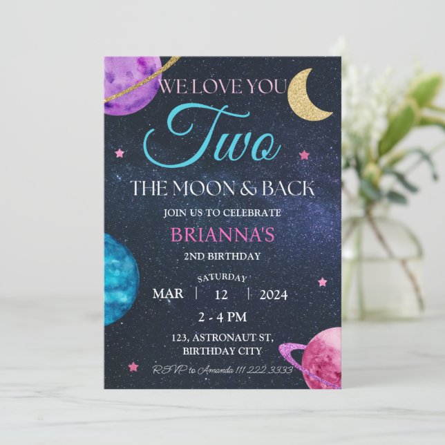 Invitation Fille Espace Extérieur 2e Anniversaire Deux La Lun (Debout devant)