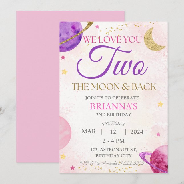 Invitation Fille Espace Extérieur 2e Rose Deux La Lune Annive (Devant / Derrière)