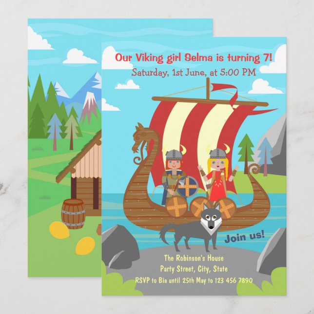 Invitation Fille et garçon viking sur bateau viking pour fête (Devant / Derrière)