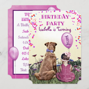 Invitation Fille et son chien Purple fête d'anniversaire