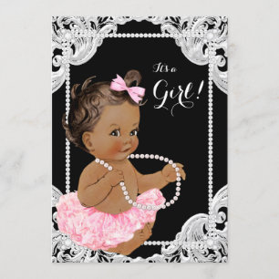 Invitation Fille ethnique Baby Shower perle rose noire